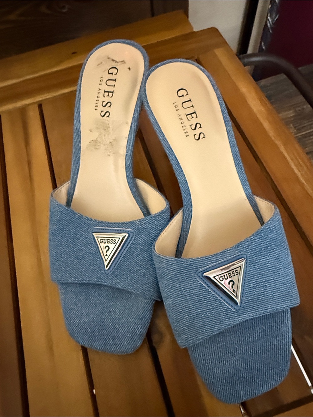GUESS Denim Slide Mules in Light Blue with Logo Accent